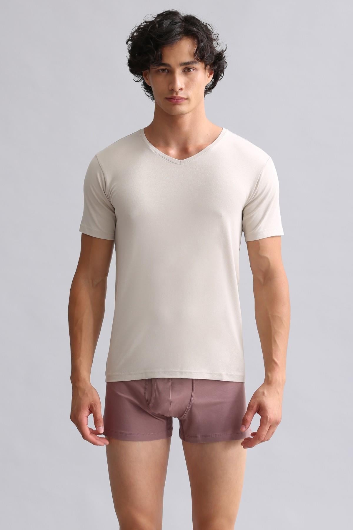 Mısırlı Modal by TENCEL HERCULES Slim Fit V Yaka Fanila / T-Shirt Toprak Bej