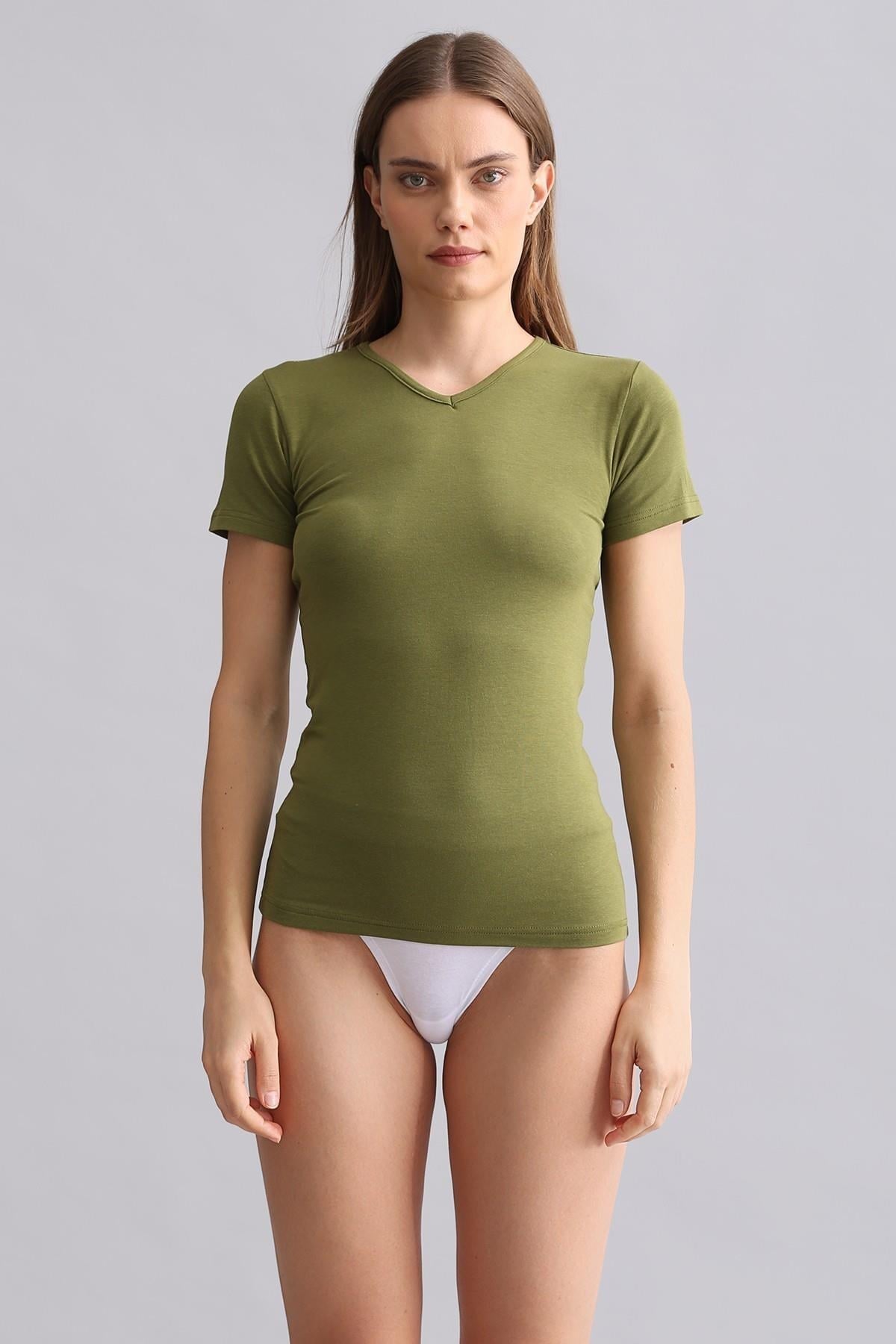 Mısırlı Modal by TENCEL VICTORIA V Yaka Fanila / T-Shirt Haki