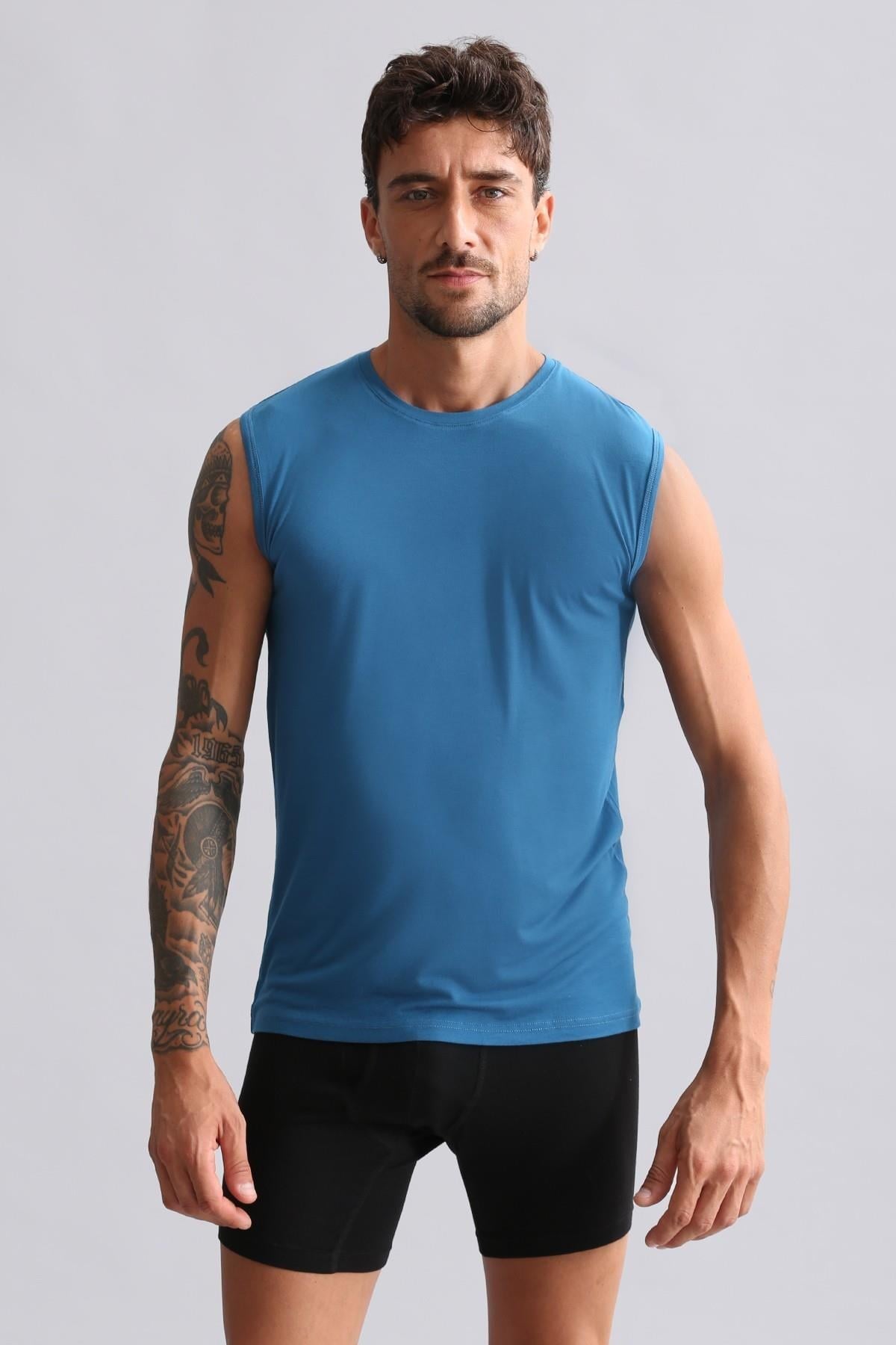 Mısırlı ORGANIC Pamuklu HERCULES Slim Fit Bisiklet Yaka Sporcu Atlet / T-Shirt Petrol