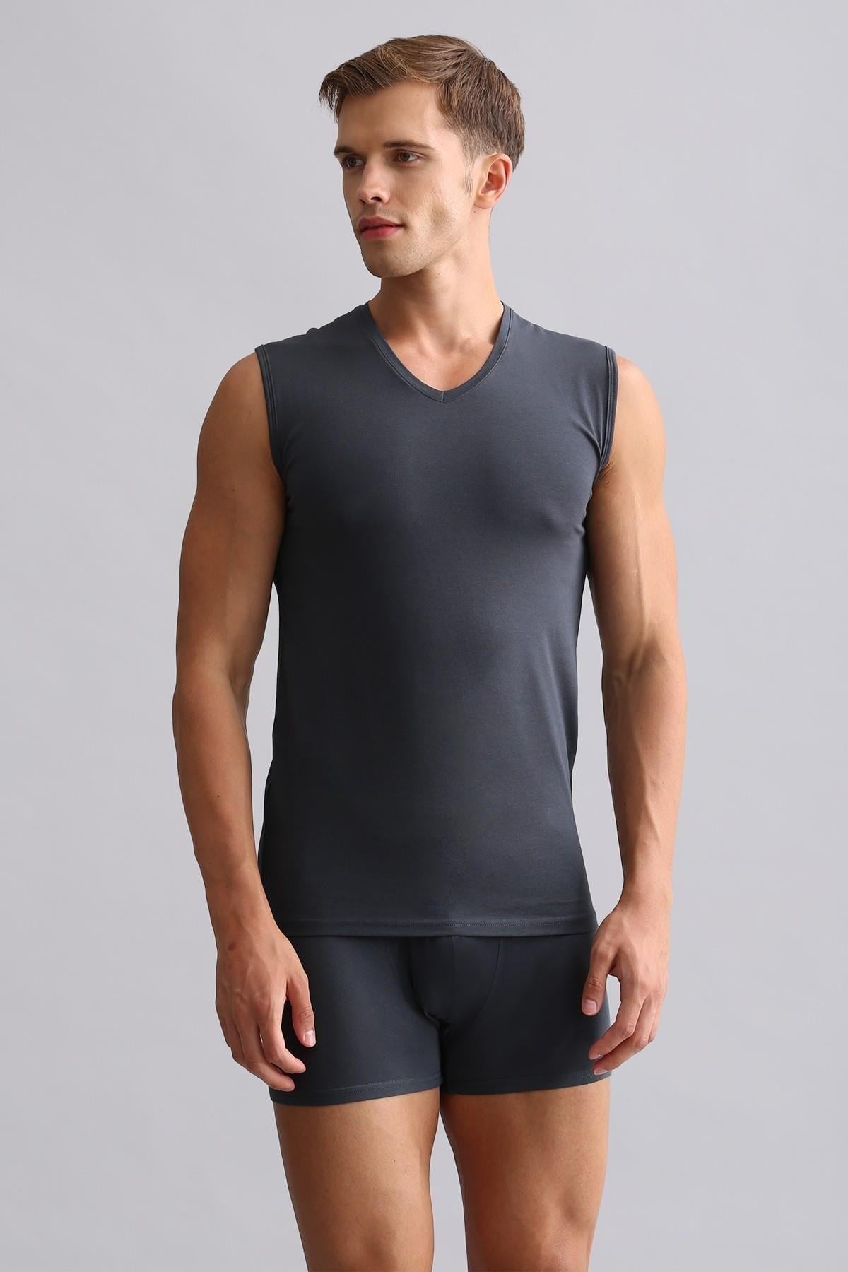 Mısırlı ORGANIC Pamuklu HERCULES Slim Fit V Yaka Sporcu Atlet / T-Shirt Antrasit