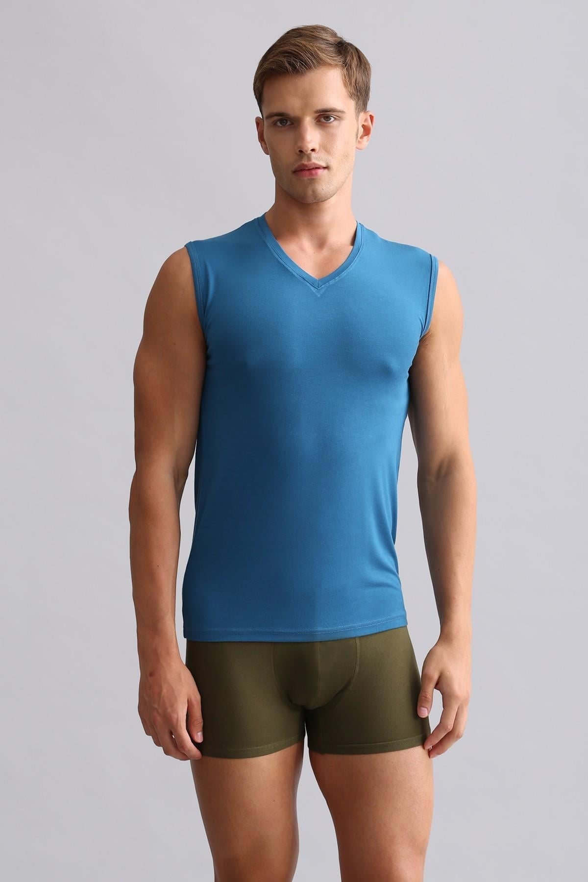 Mısırlı ORGANIC Pamuklu HERCULES Slim Fit V Yaka Sporcu Atlet / T-Shirt Petrol