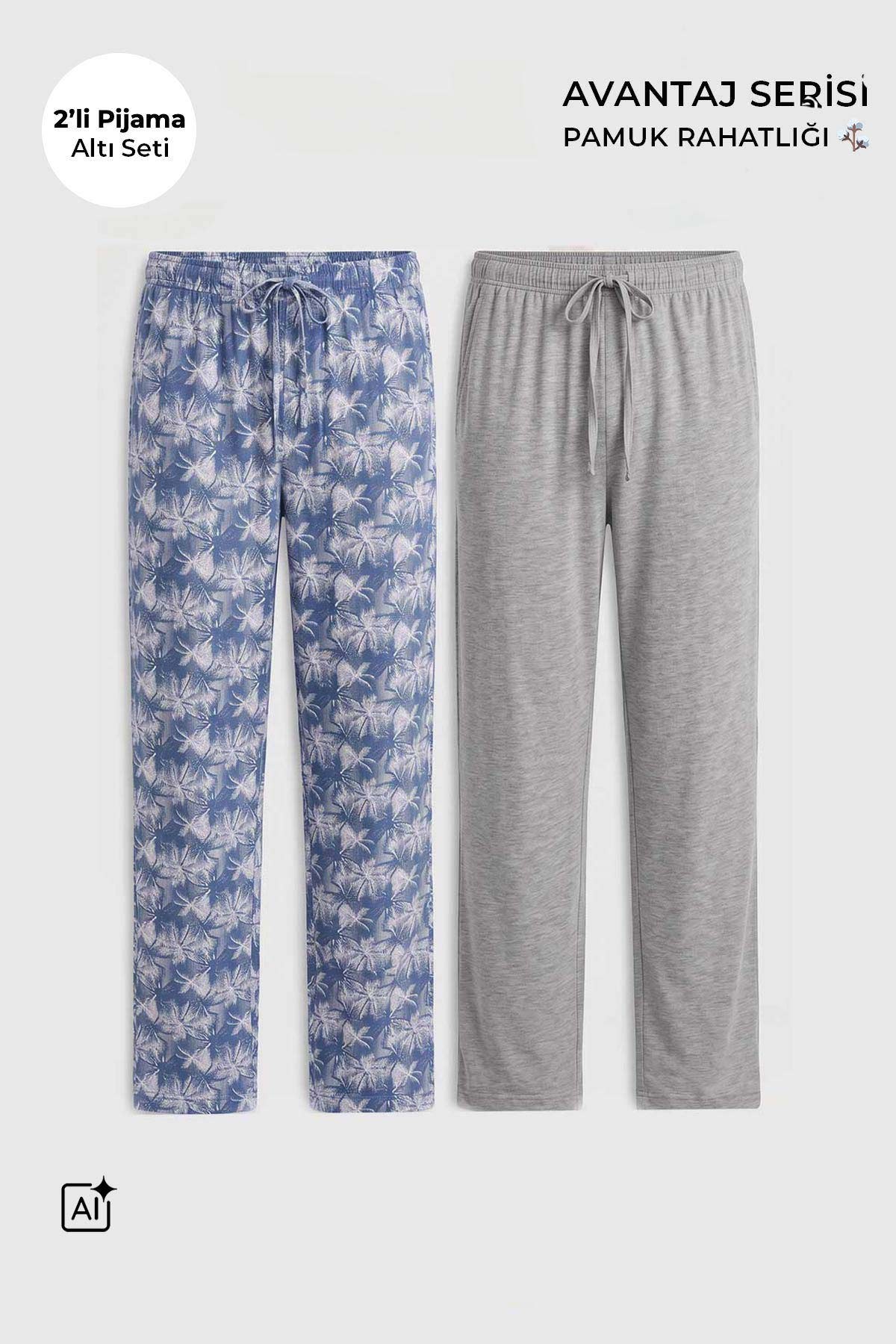 Mısırlı Pamuklu Erkek İkili Alt Pijama Baskılı İndigo-Gri Melanj