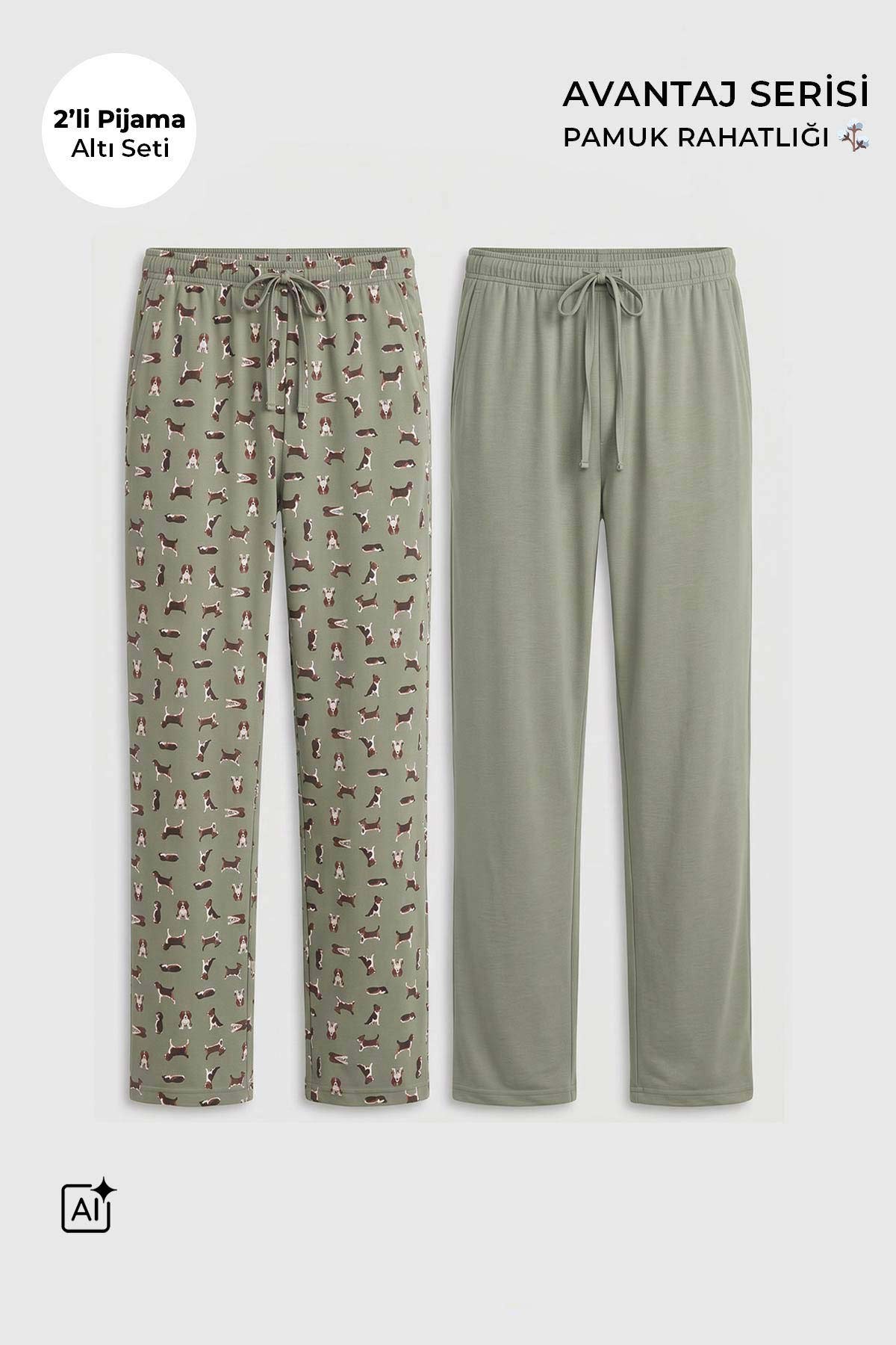Mısırlı Pamuklu Erkek İkili Alt Pijama Baskılı Çağla Yeşil-Çağla Yeşil