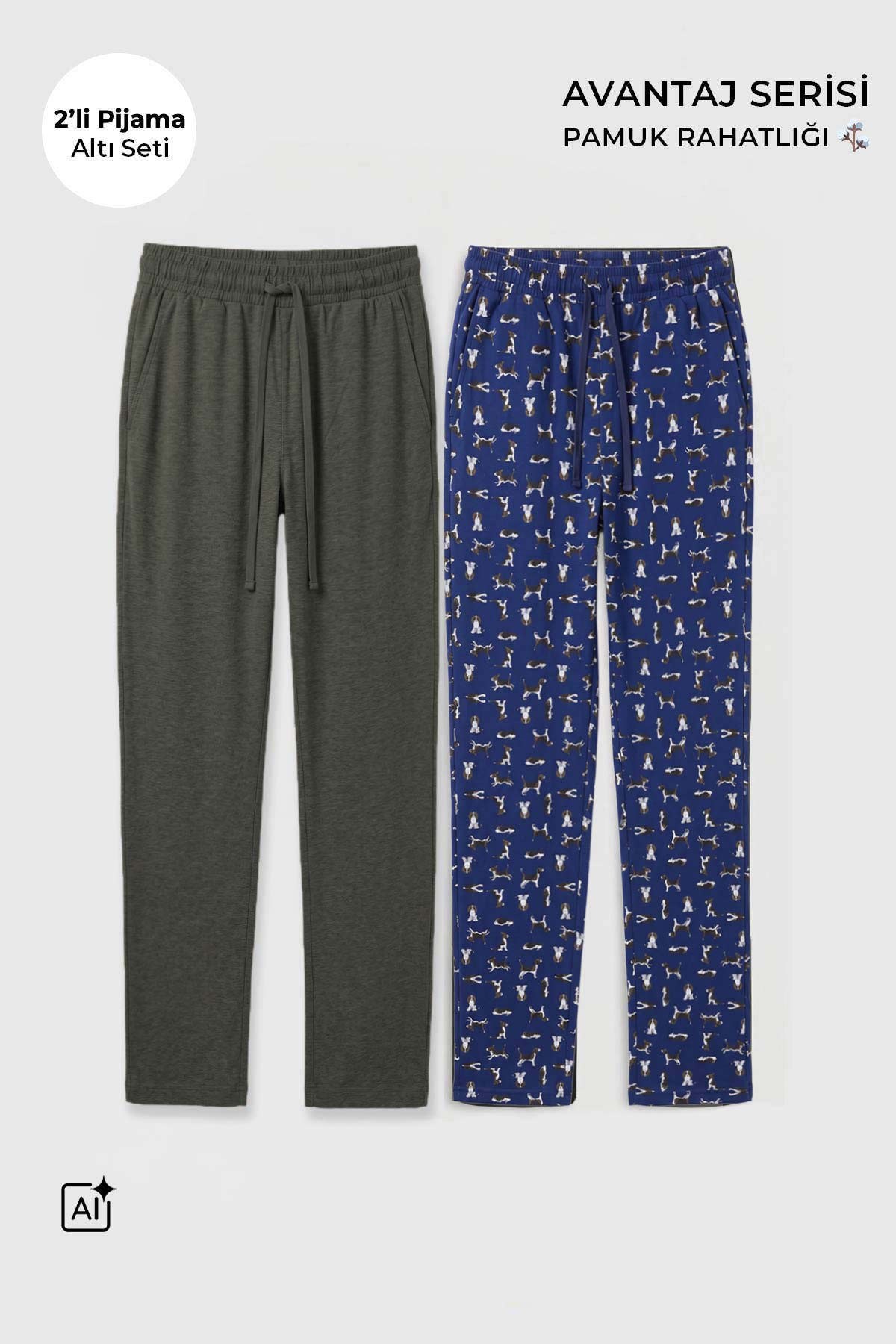 Mısırlı Pamuklu Erkek İkili Alt Pijama Baskılı Lacivert-Yeşil Melanj