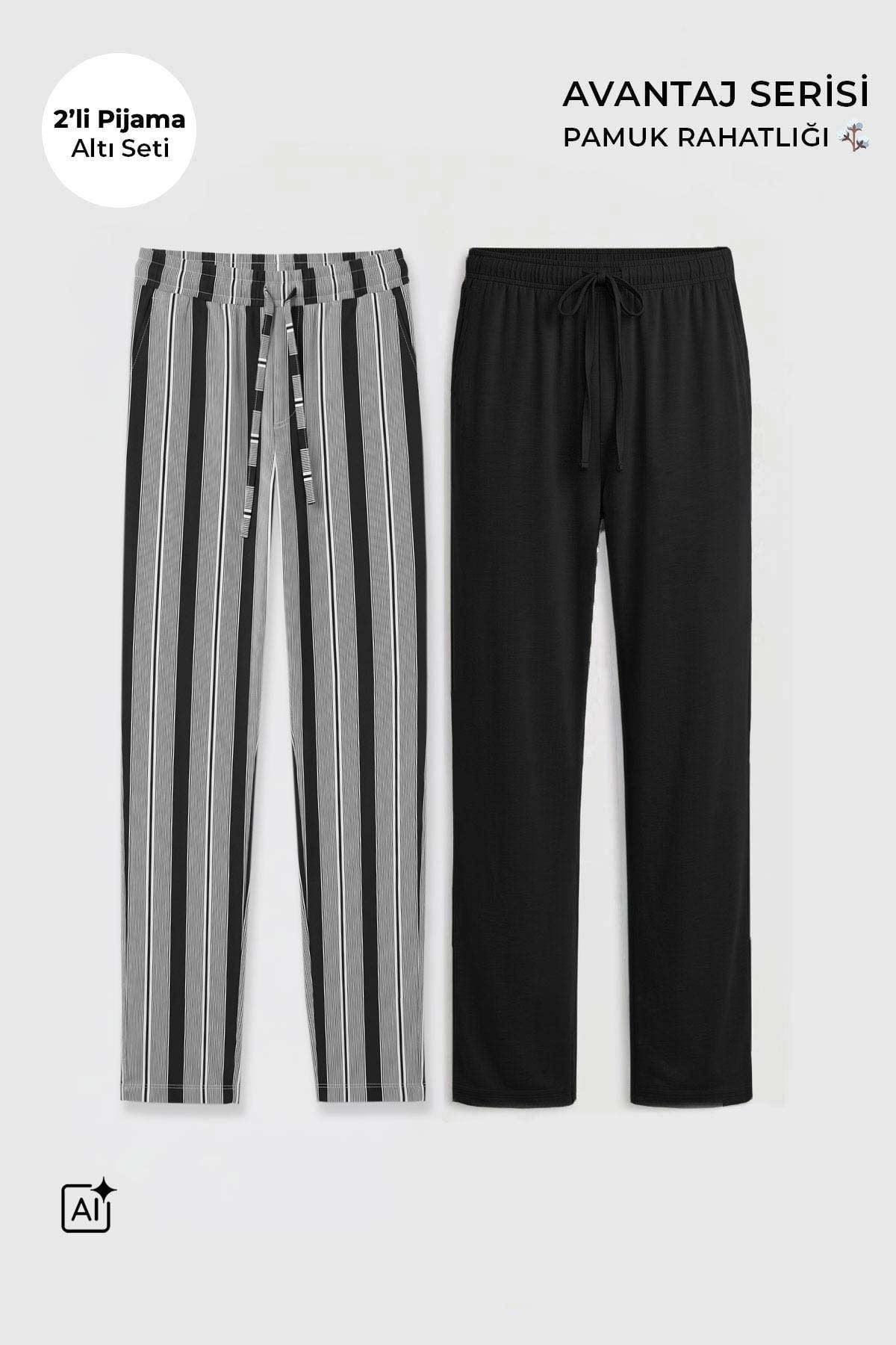Mısırlı Pamuklu Erkek İkili Alt Pijama Çizgili Siyah-Siyah