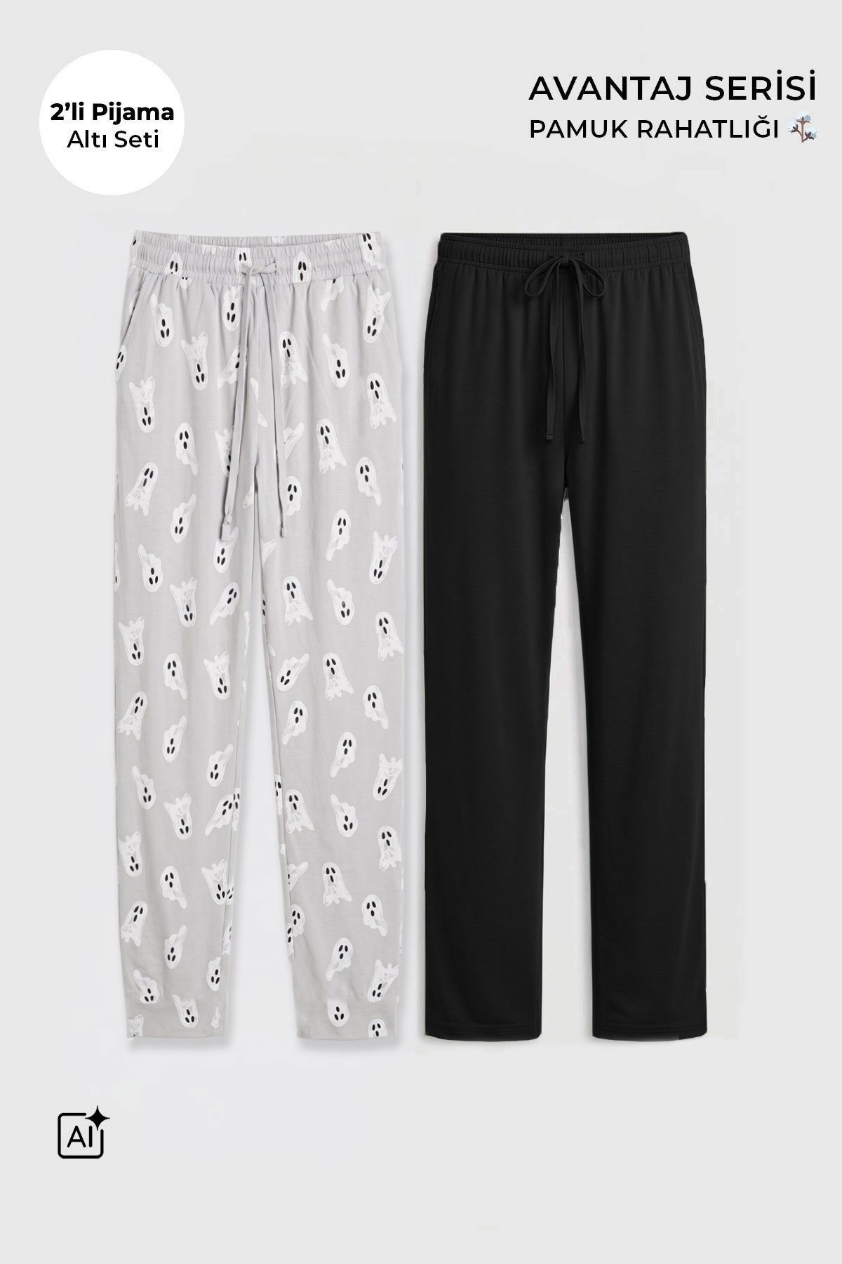 Mısırlı Pamuklu Erkek İkili Alt Pijama Baskılı Gri-Siyah