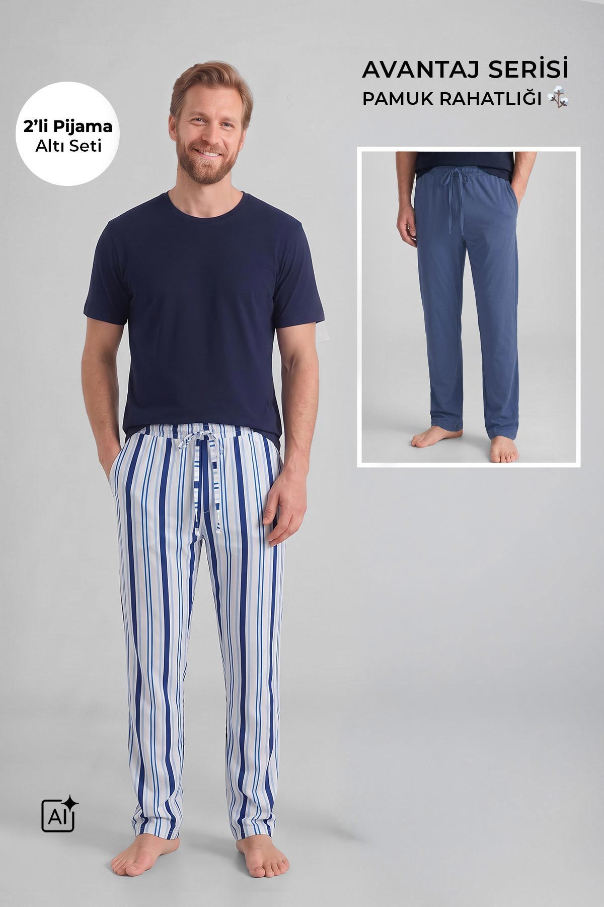 Mısırlı Pamuklu Erkek İkili Alt Pijama Çizgili Beyaz-İndigo