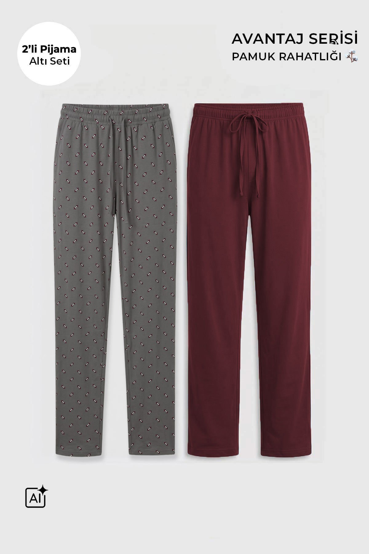 Mısırlı Pamuklu Erkek İkili Alt Pijama Antrasit Gri-Bordo