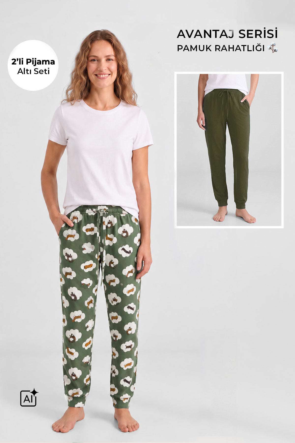 Mısırlı Pamuklu Kadın İkili Alt Pijama Baskılı Ekru-Haki