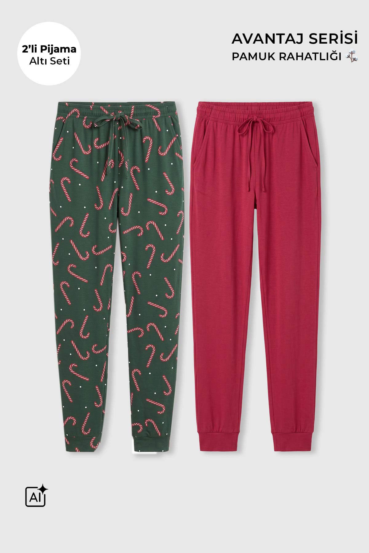 Mısırlı Pamuklu Kadın İkili Alt Pijama Baskılı Yeşil-Kırmızı