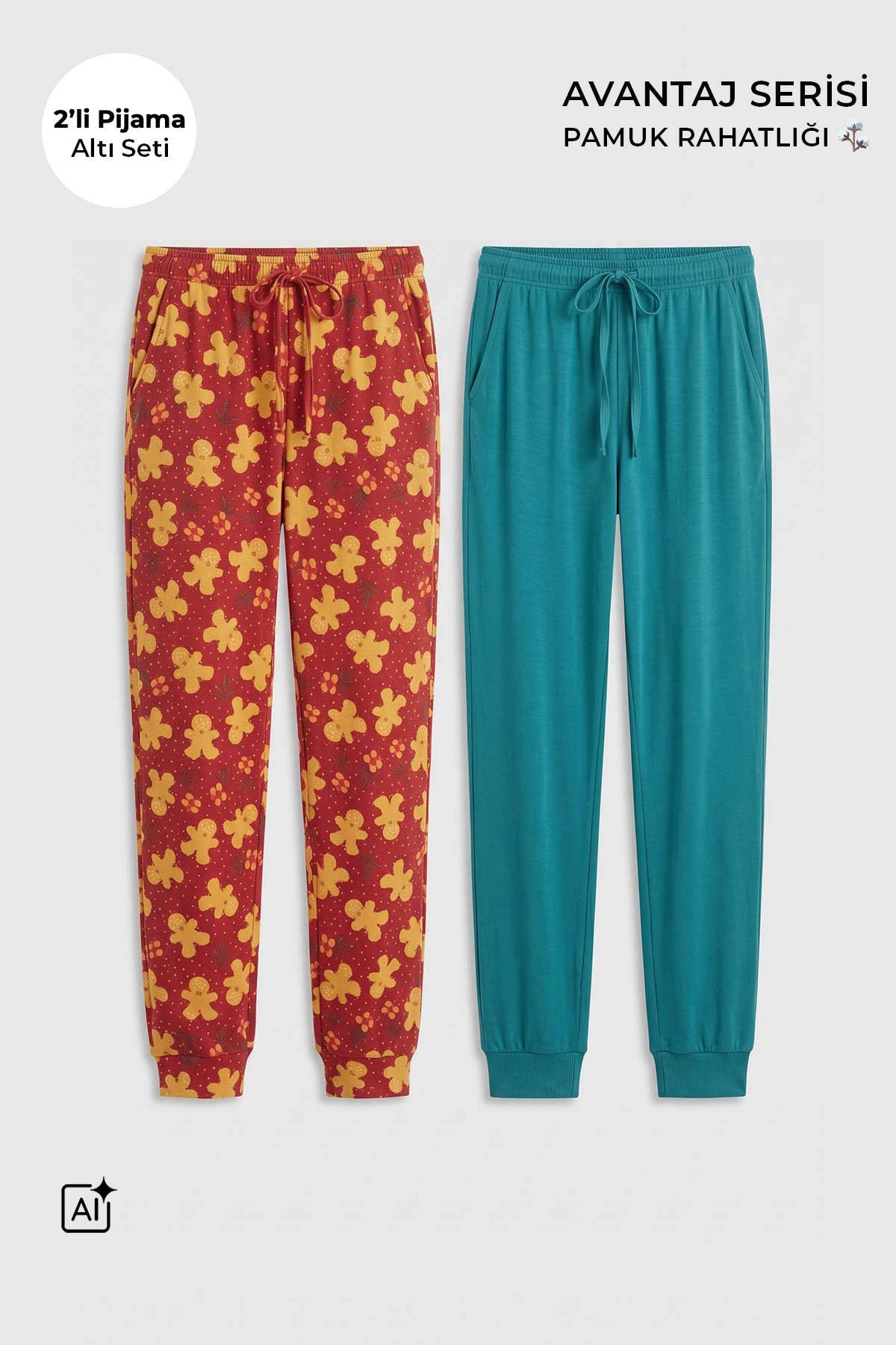 Mısırlı Pamuklu Kadın İkili Alt Pijama Baskılı Kırmızı-Yeşil