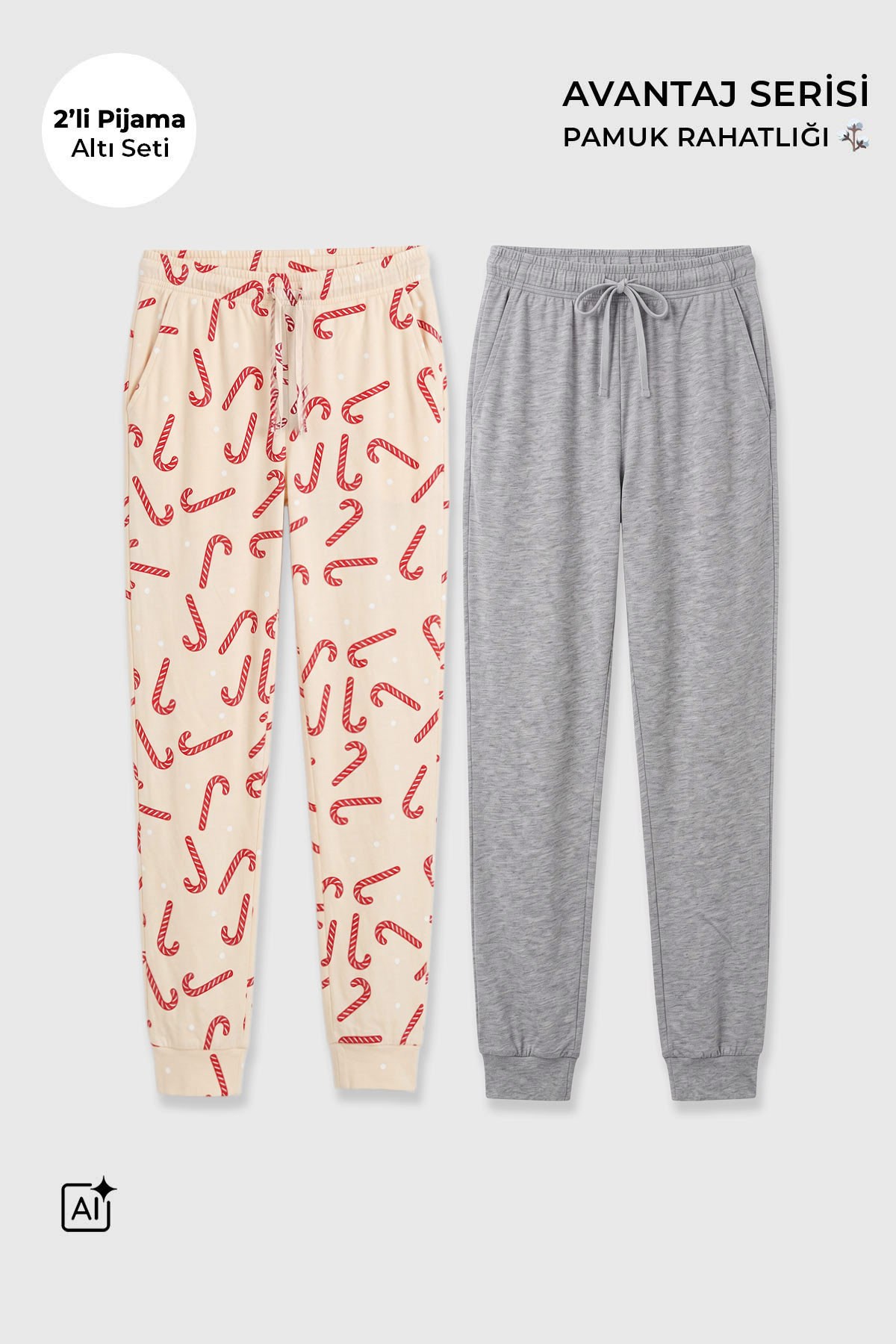 Mısırlı Pamuklu Kadın İkili Alt Pijama Baskılı Ekru-Gri Melanj