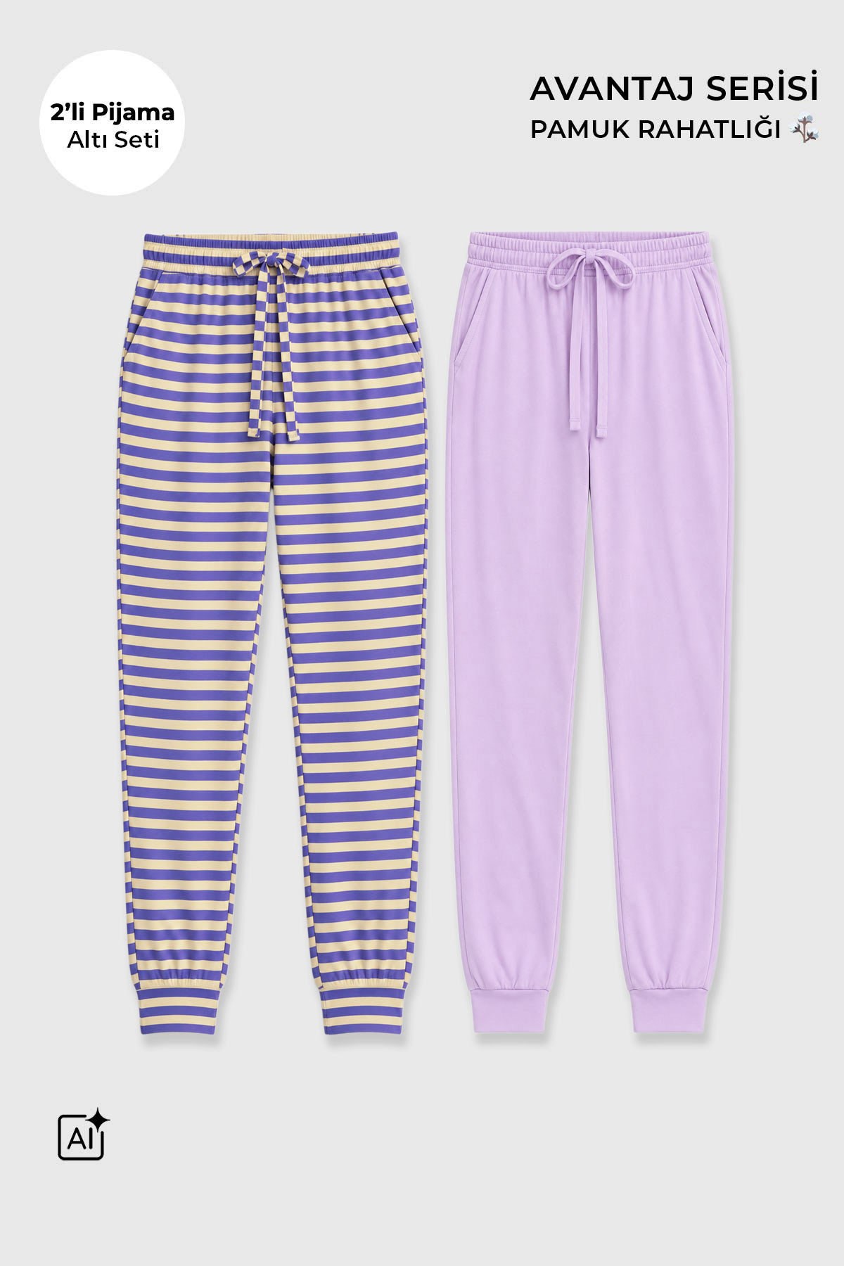 Mısırlı Pamuklu Kadın İkili Alt Pijama Çizgili Mor-Açık Leylak