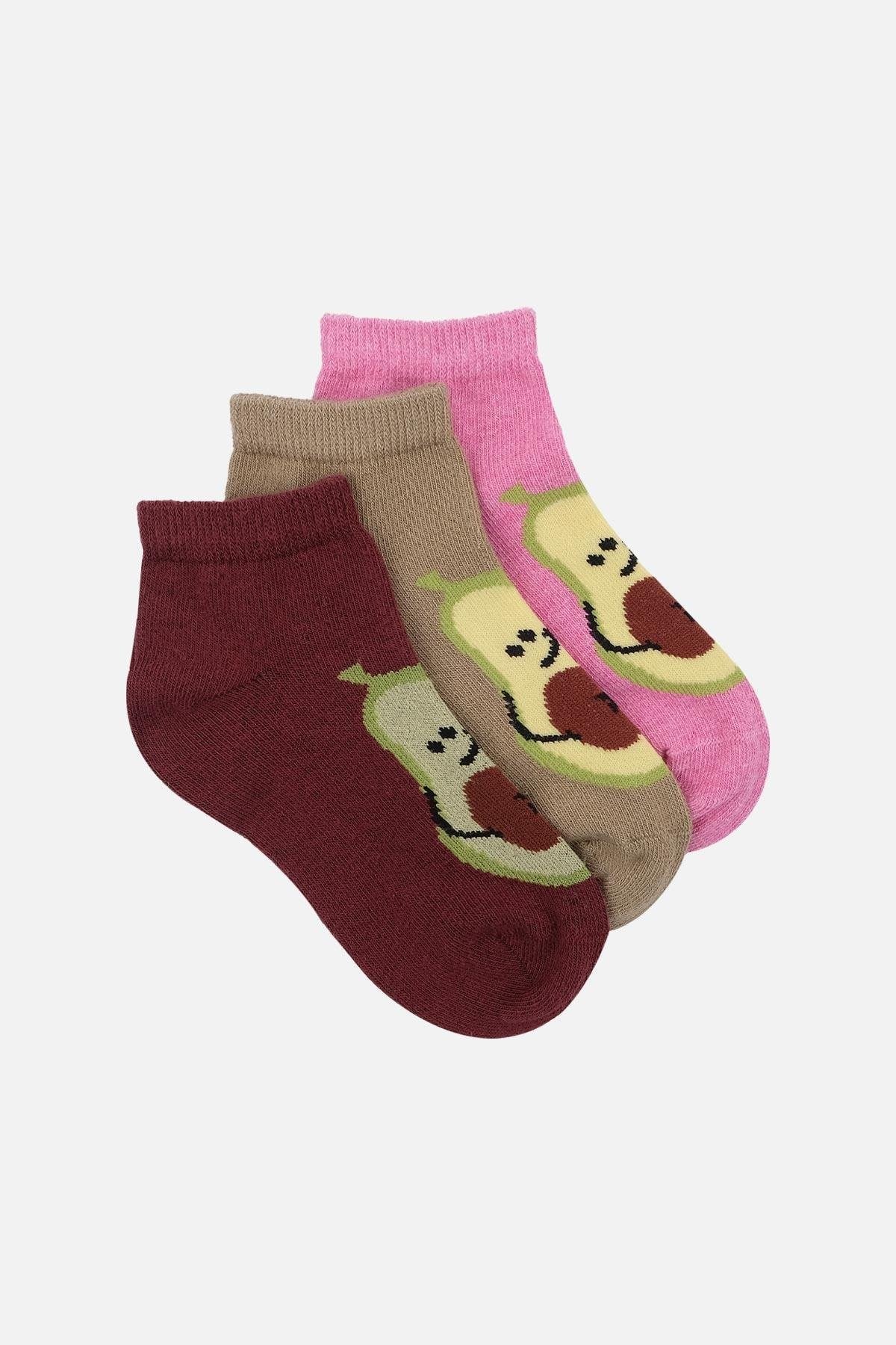 Mısırlı Unisex Pamuklu 3 Çift Avokado Desenli Çocuk Patik Çorap Avokado Desenli