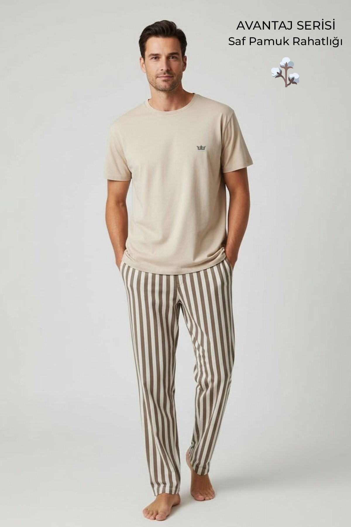 Pamuklu Kısa Kollu Pijama Takım Bej-Kahverengi