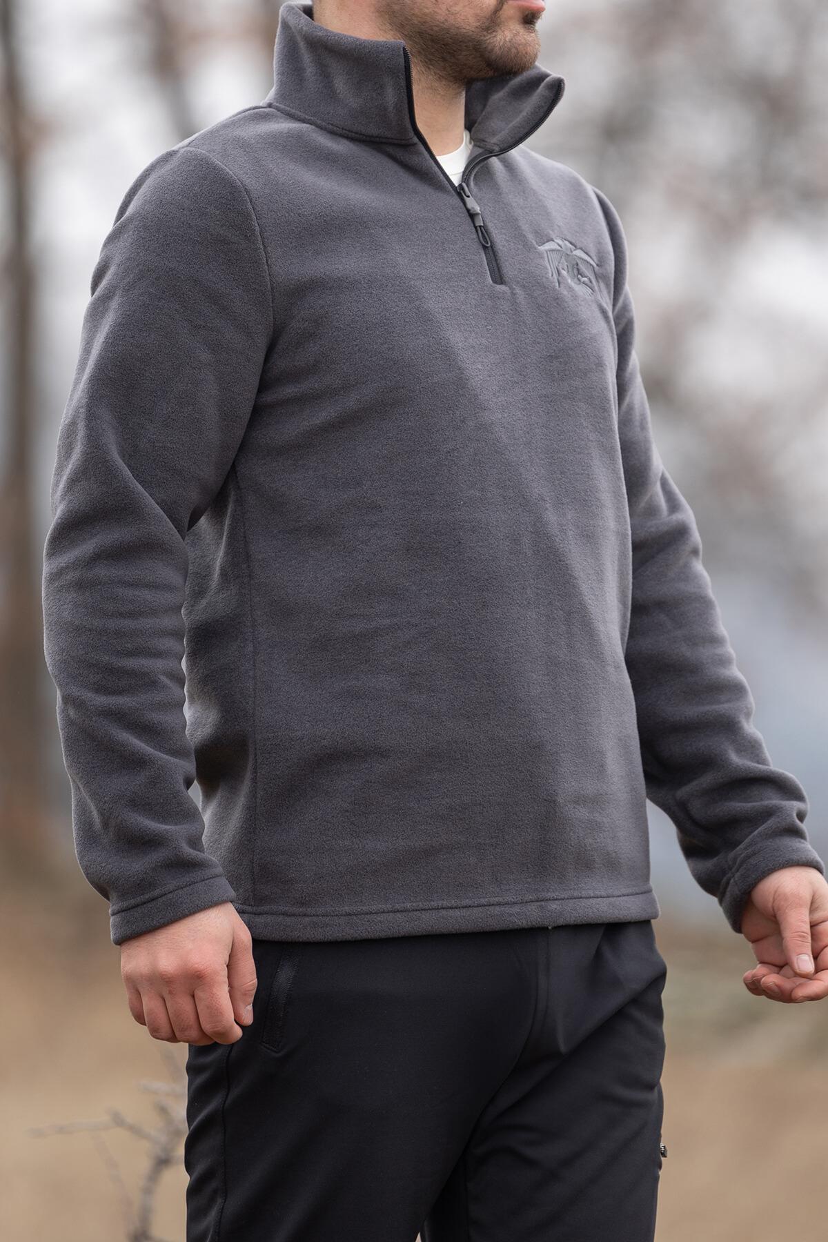 hugluoutdoorKoyu Gri Polar Sweatshirt Kartal Nakışlı 