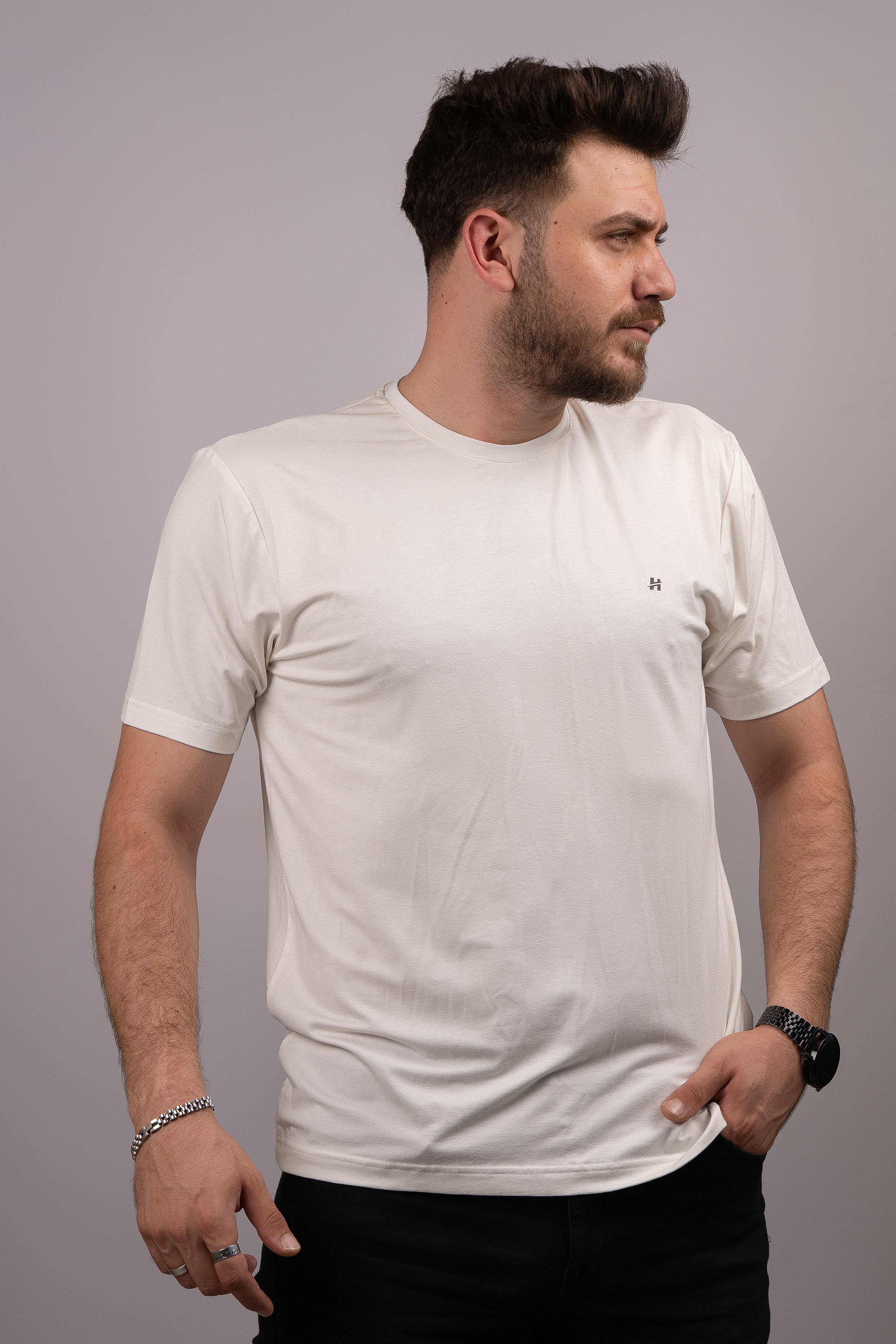 Huğlu Outdoor Ekru Viskon Basic T-shirt