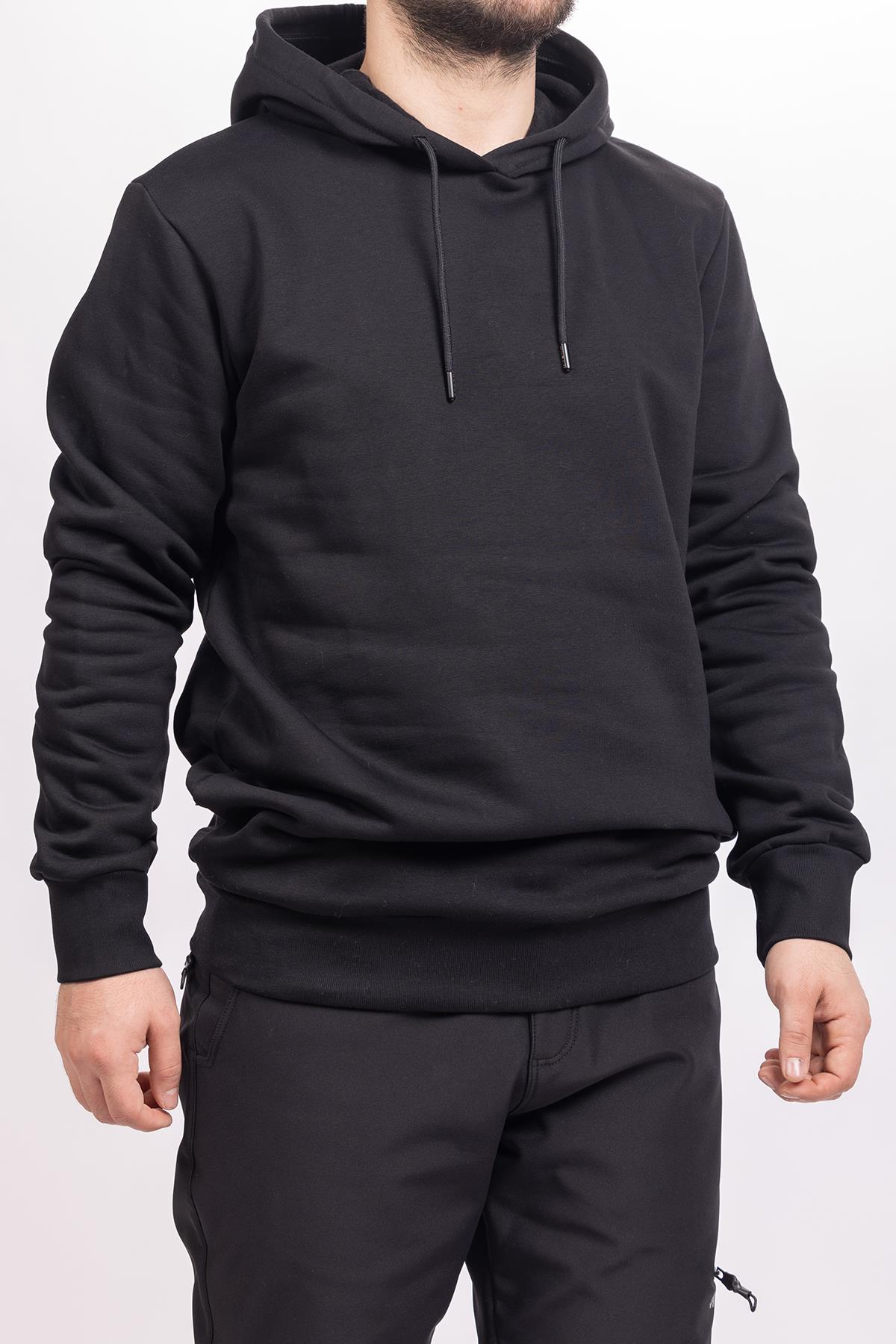 Kapüşonlu Siyah Üç İp Sweatshirt