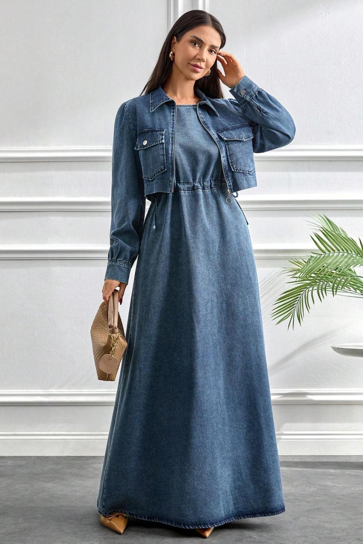 2li Kot Takım Elbise – Kısa Ceketli Denim Tesettür Elbise