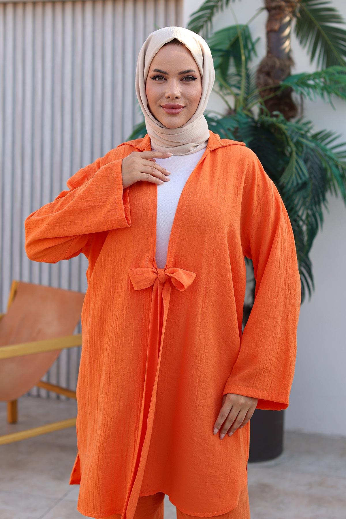 Bağlama Detaylı Kimono Takım Turuncu 1225