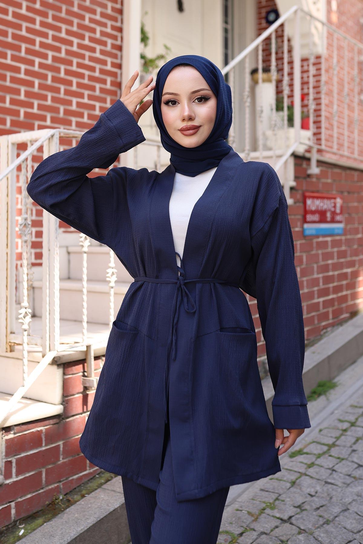 Cep Detaylı Kimono Takım Lacivert