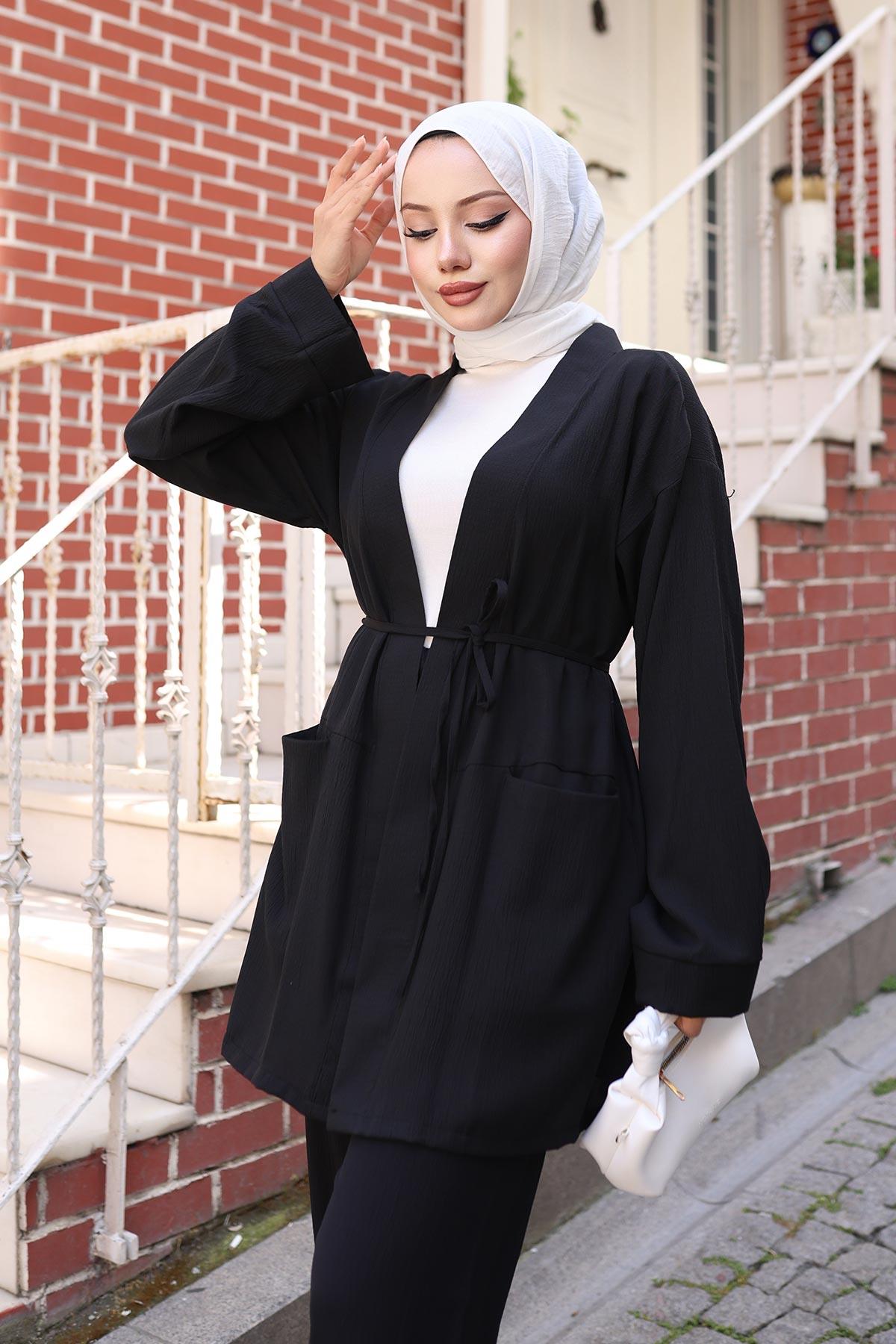 Cep Detaylı Kimono Takım Siyah