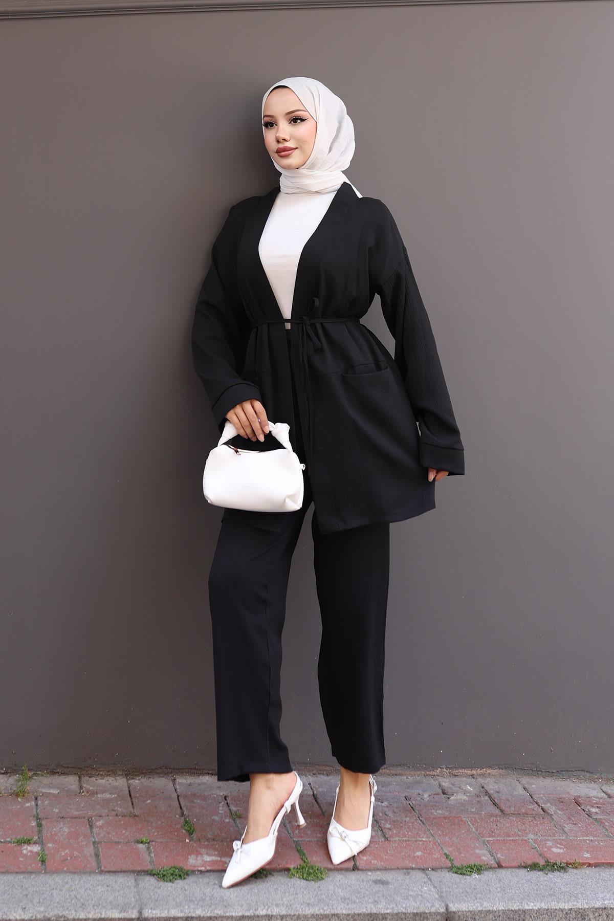 Cep Detaylı Kimono Takım Siyah