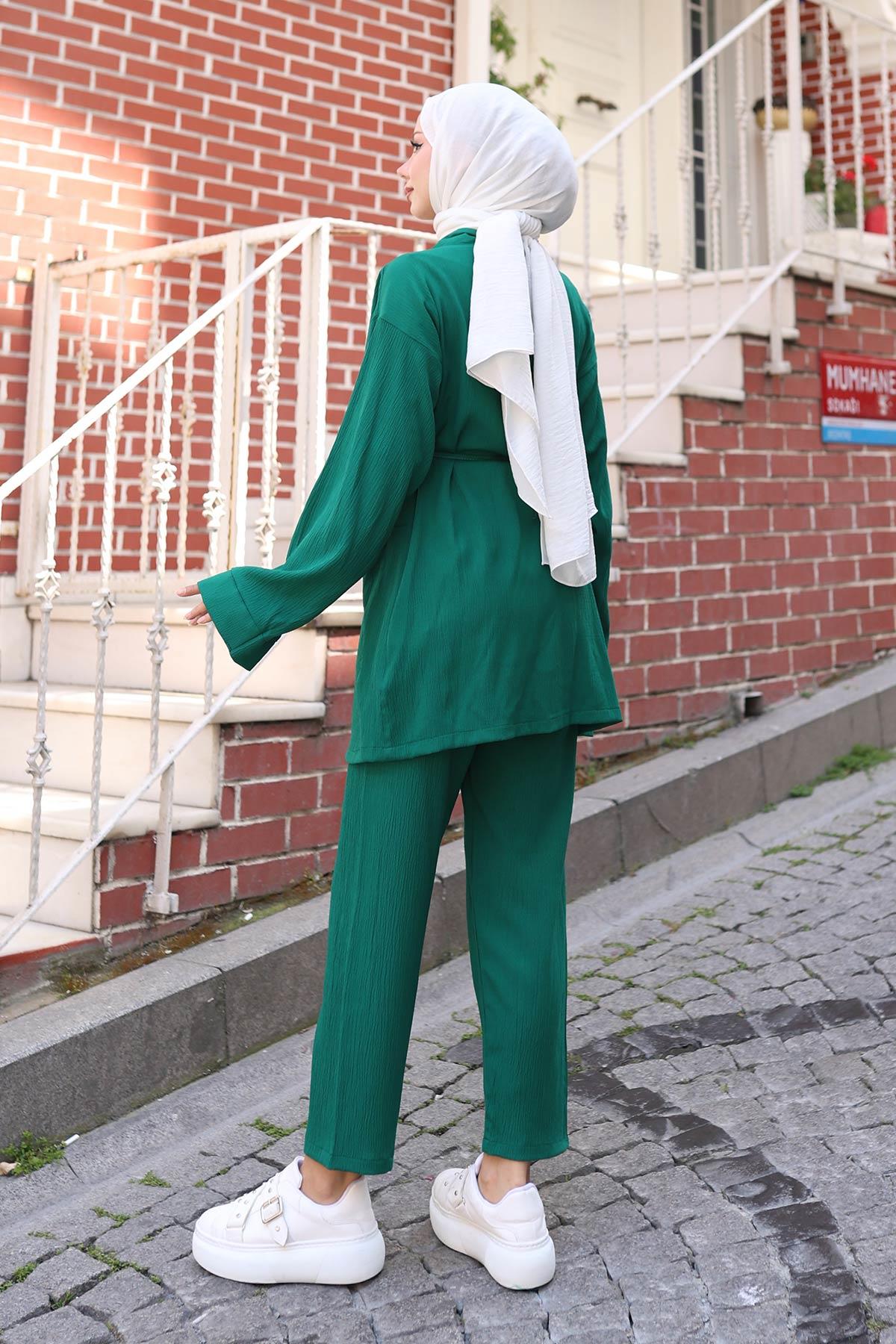Cep Detaylı Kimono Takım Yeşil