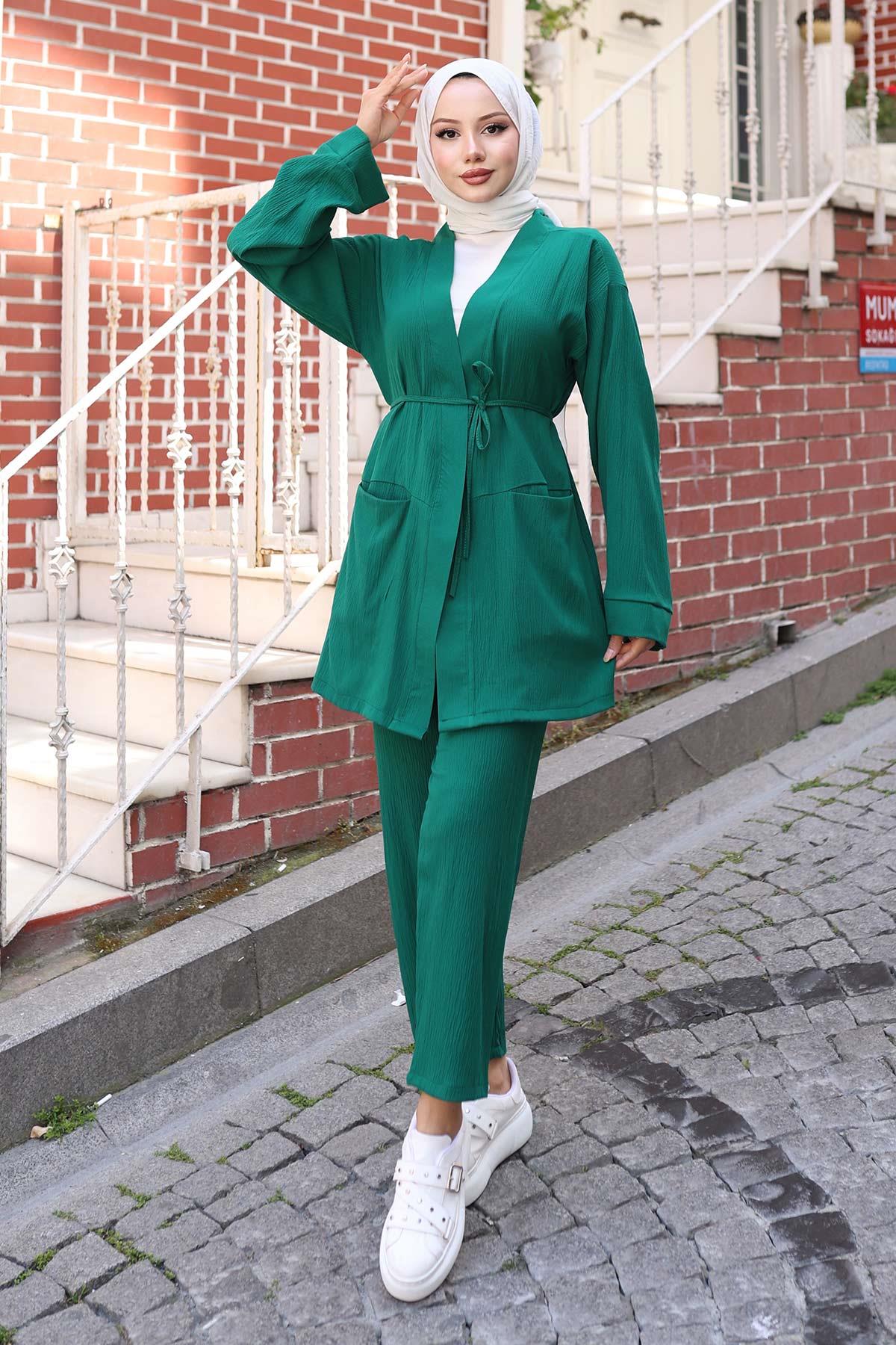 Cep Detaylı Kimono Takım Yeşil