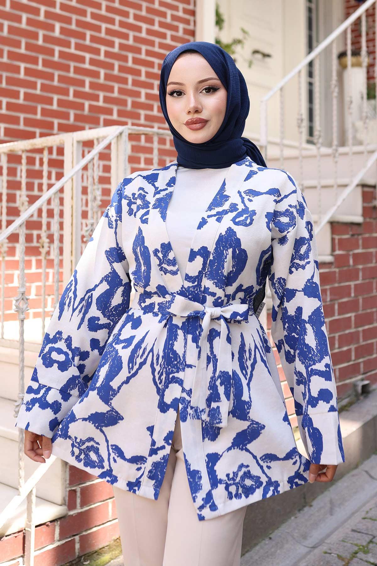 Etnik Desen Kimono İndigo