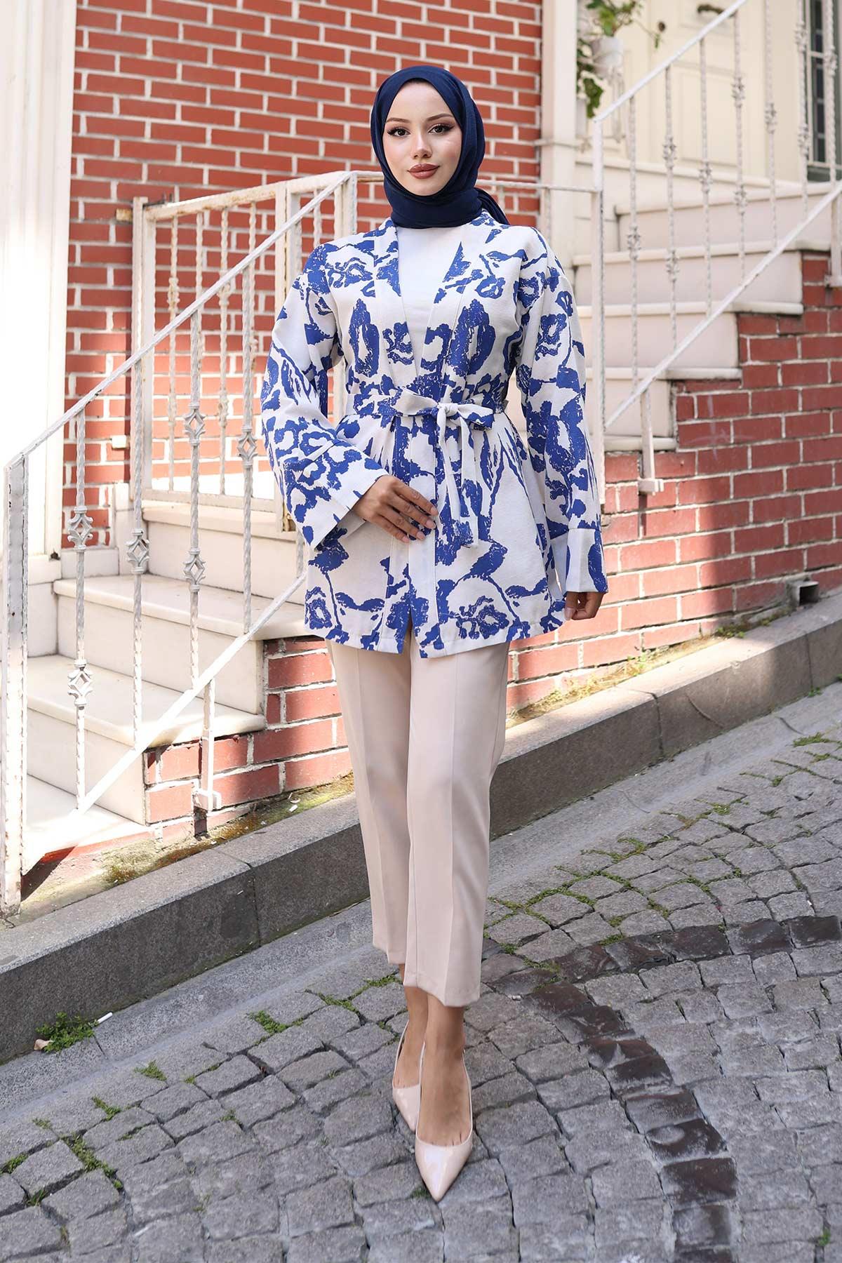 Etnik Desen Kimono İndigo