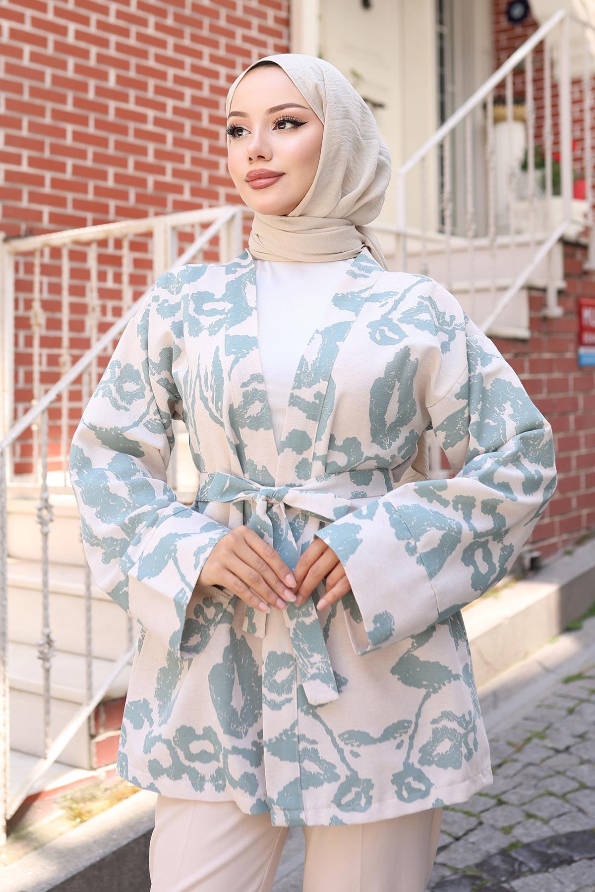 Etnik Desen Kimono Mint Yeşili