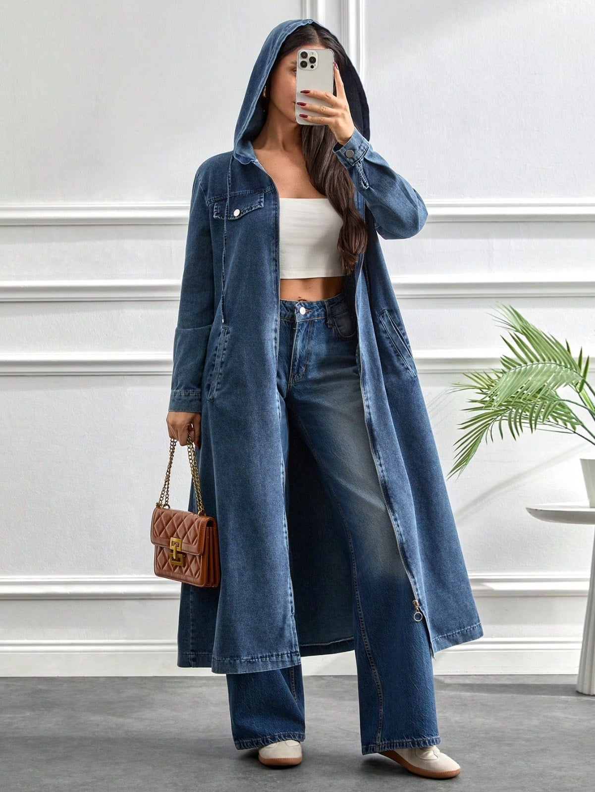 Kapüşonlu Kot Elbise | Uzun Kesim Cepli Modern Stil