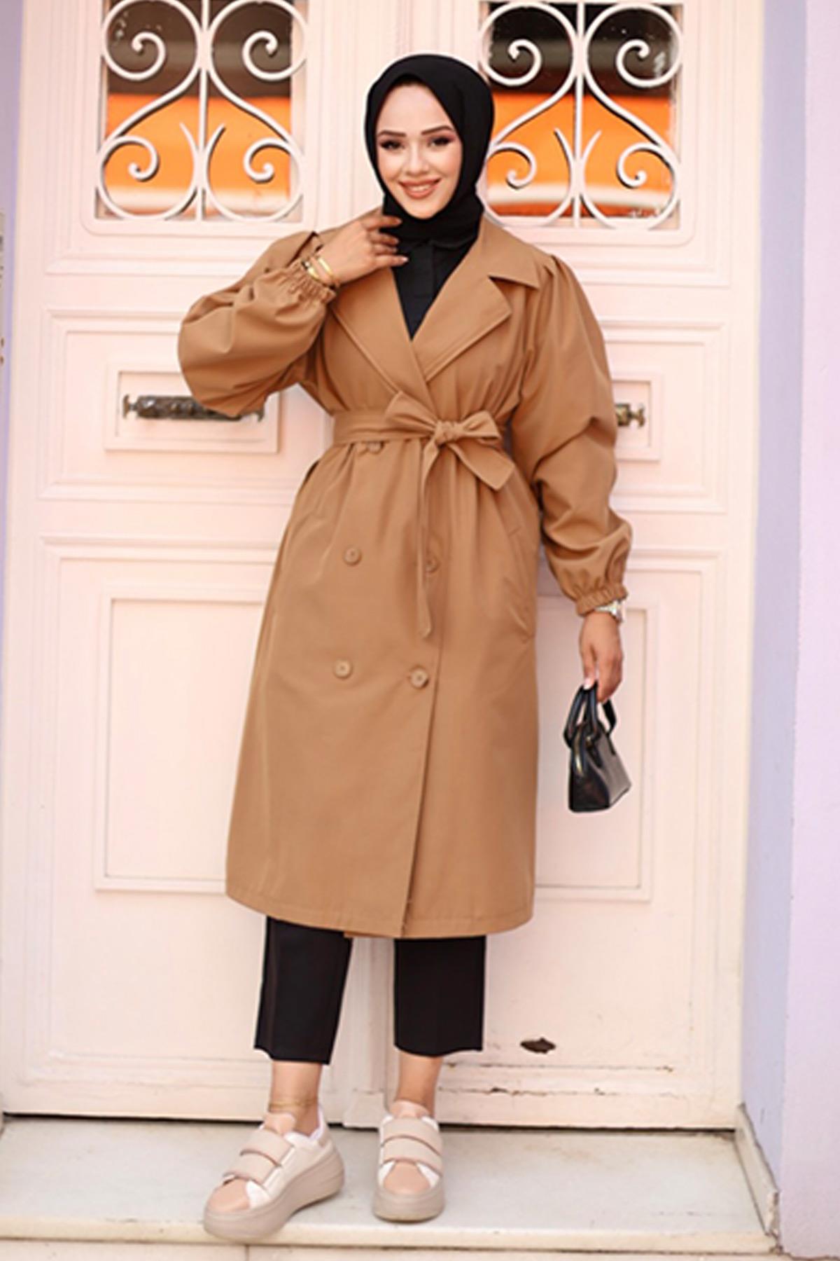 Omzu pileli Detaylı Trençkot  Camel 4429