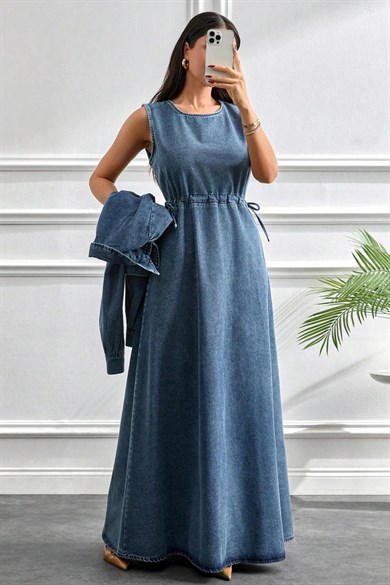 2’li Kot Takım Elbise – Kısa Ceketli Denim Tesettür Elbise