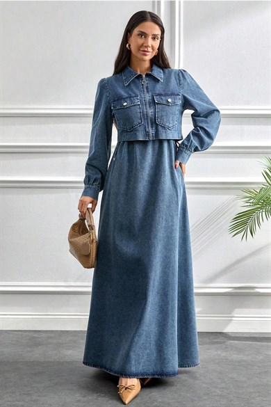 2li Kot Takım Elbise – Kısa Ceketli Denim Tesettür Elbise
