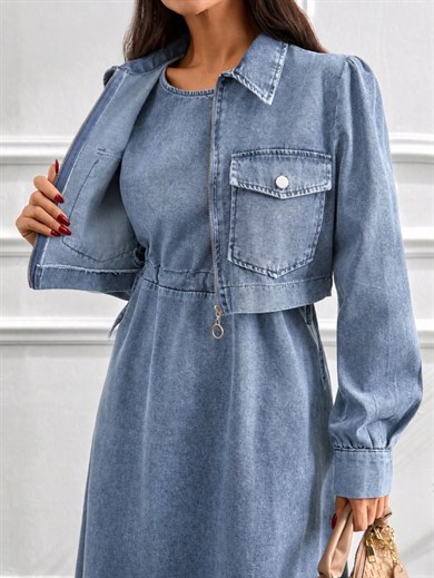 2li Kot Takım Elbise – Kısa Ceketli Denim Tesettür Elbise