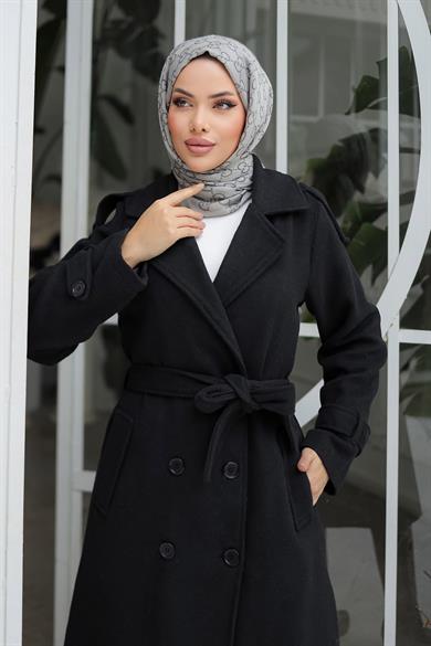 Apolet Detaylı Kaşe Kaban Siyah 