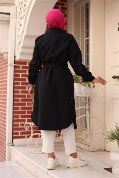 Apolet Detaylı Trençkot  Siyah 4432
