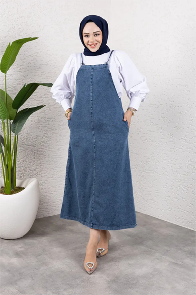 Askılı Denim Uzun Elbise | Rahat Kalıp Tesettür Uyumlu
