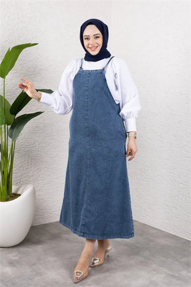 Askılı Denim Uzun Elbise | Rahat Kalıp Tesettür Uyumlu