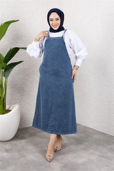 Askılı Denim Uzun Elbise | Rahat Kalıp Tesettür Uyumlu