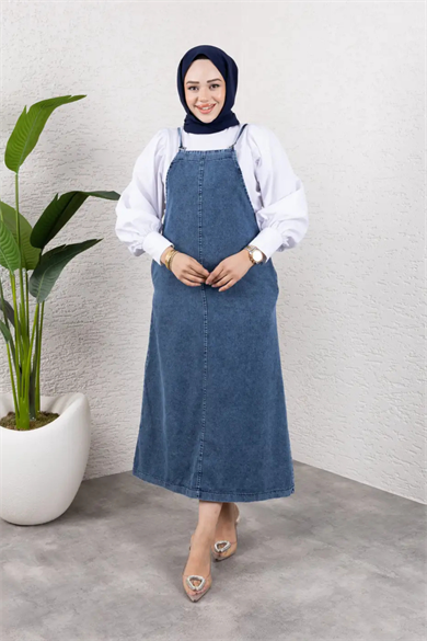 Askılı Denim Uzun Elbise | Rahat Kalıp Tesettür Uyumlu