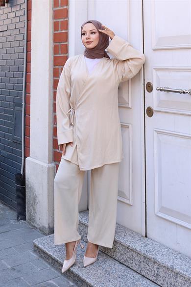 Bağlama Detaylı Kimono Takım Bej
