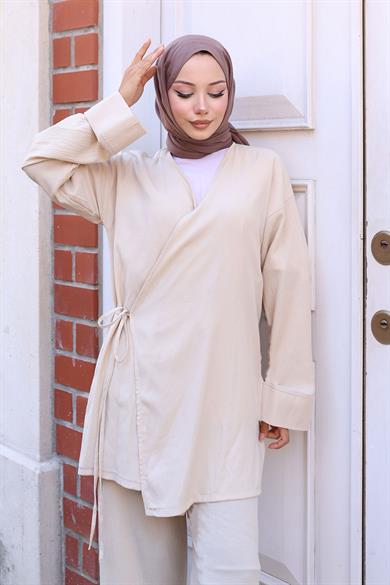 Bağlama Detaylı Kimono Takım Bej