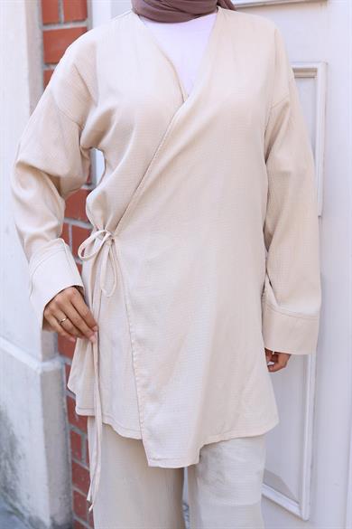 Bağlama Detaylı Kimono Takım Bej