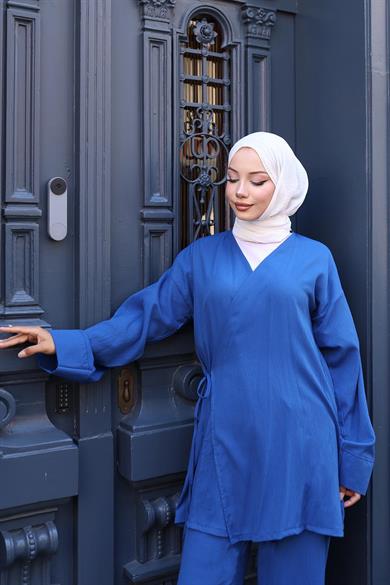 Bağlama Detaylı Kimono Takım İndigo