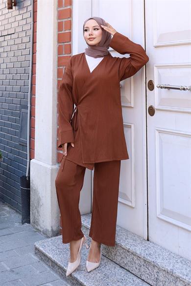 Bağlama Detaylı Kimono Takım Kahverengi