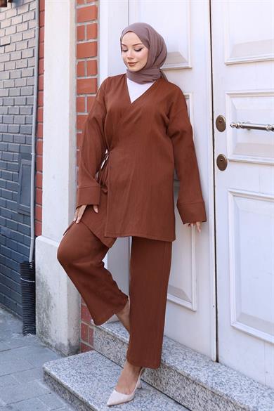 Bağlama Detaylı Kimono Takım Kahverengi