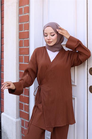 Bağlama Detaylı Kimono Takım Kahverengi